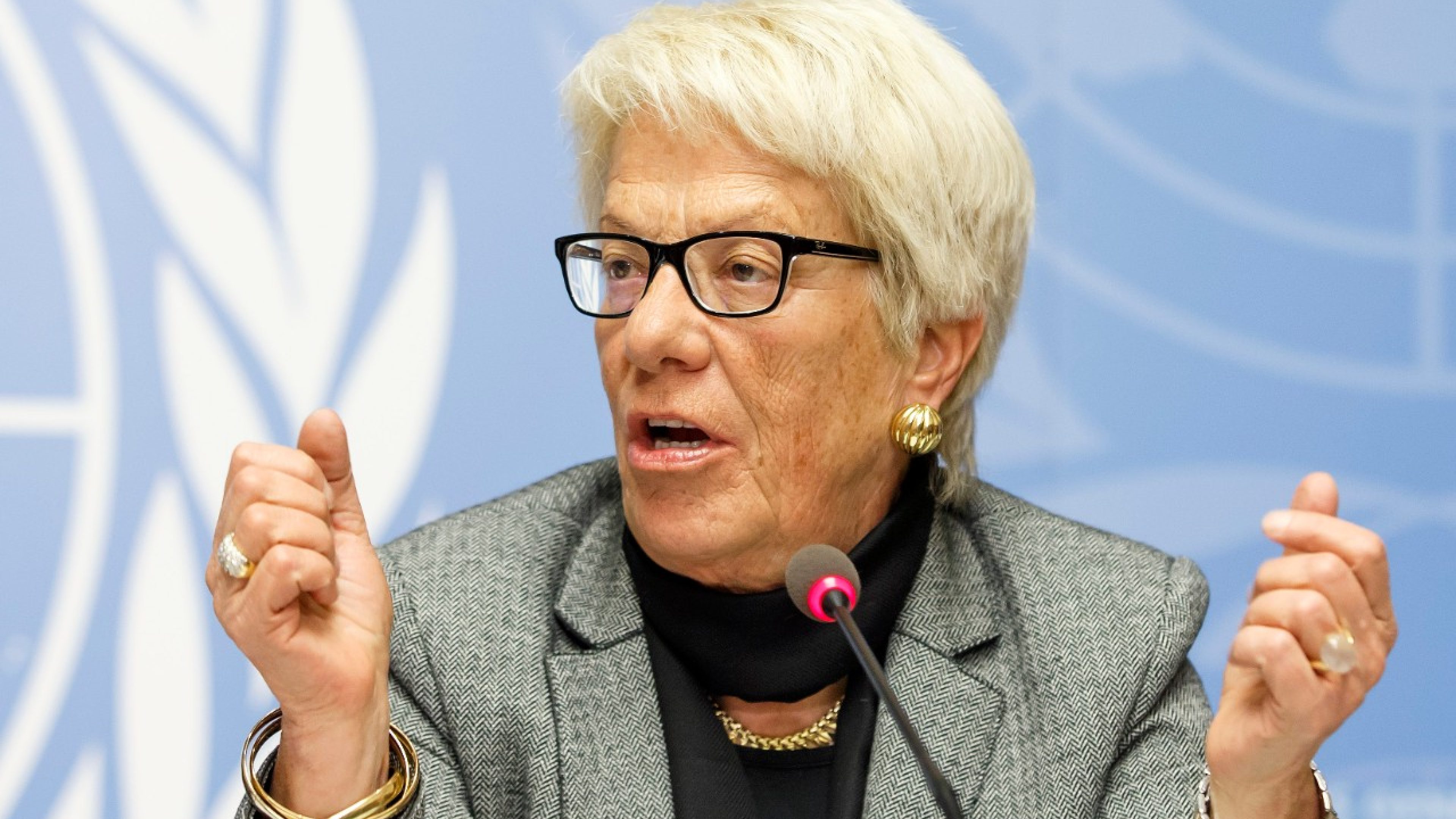 Switzerland's Carla del Ponte, member of the Commission of Inquiry on Syria, informs to the media on report "Out of Sight, Out of Mind: Deaths in Detention in the Syrian Arab Republic" of the Commission of Inquiry on the Syrian Arab Republic, during press conference, at the European headquarters of the United Nations in Geneva, Switzerland, Monday, February 8, 2016. (KEYSTONE/Salvatore Di Nolfi)