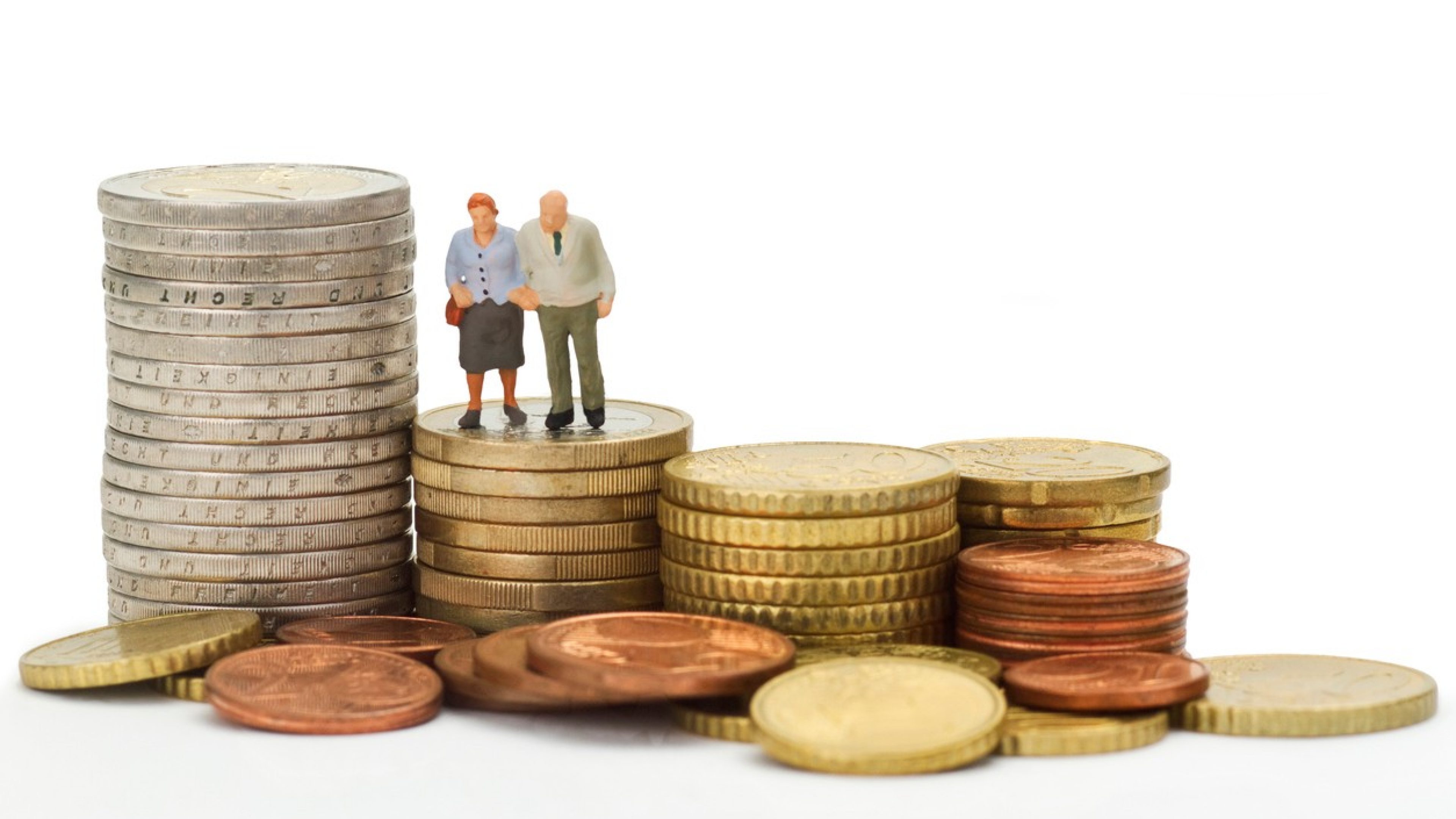 Seniors figurines with euro coins isolated on white background