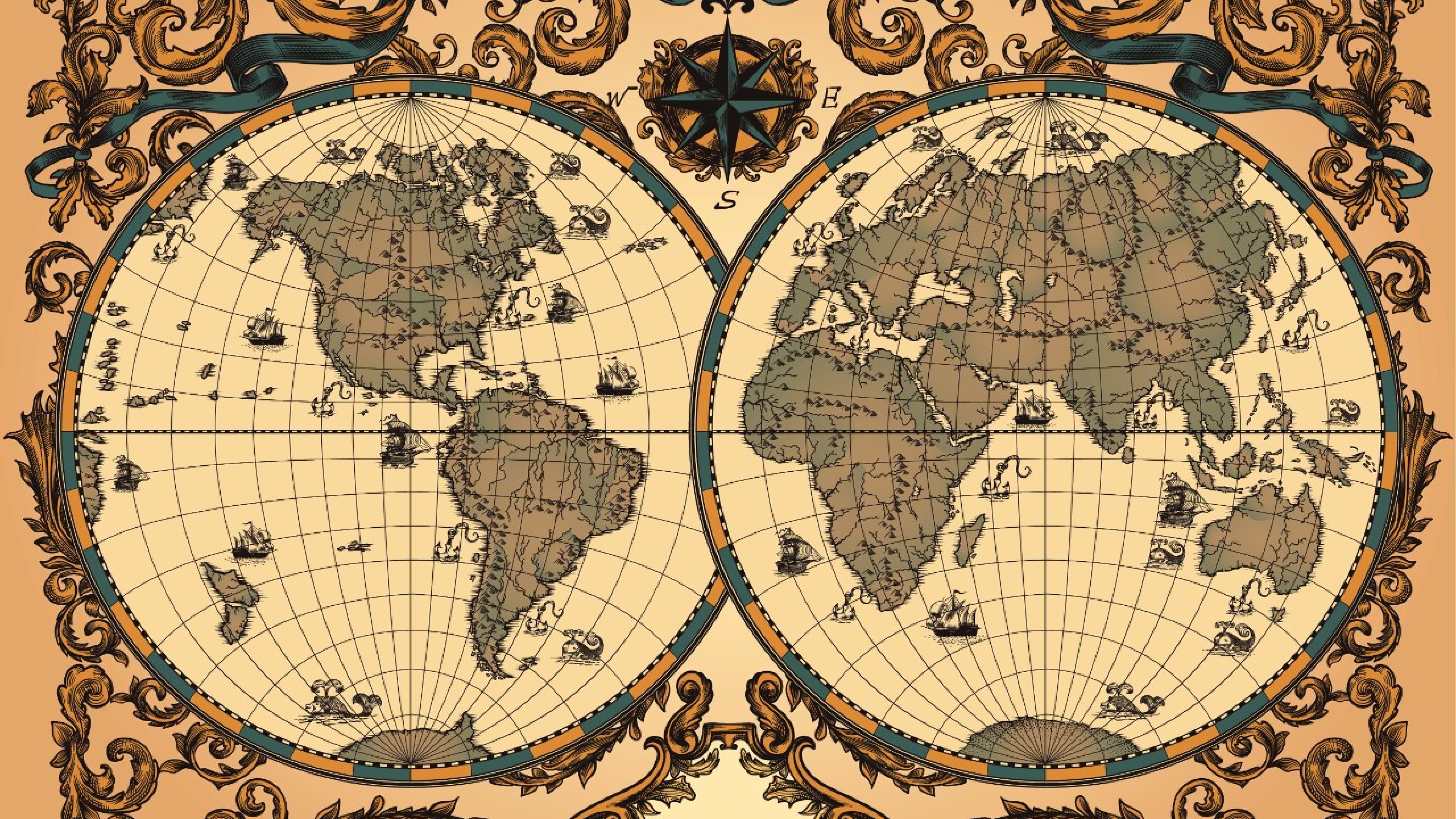 "Antique world map in vector, decorated with patterns and old nautical symbols."