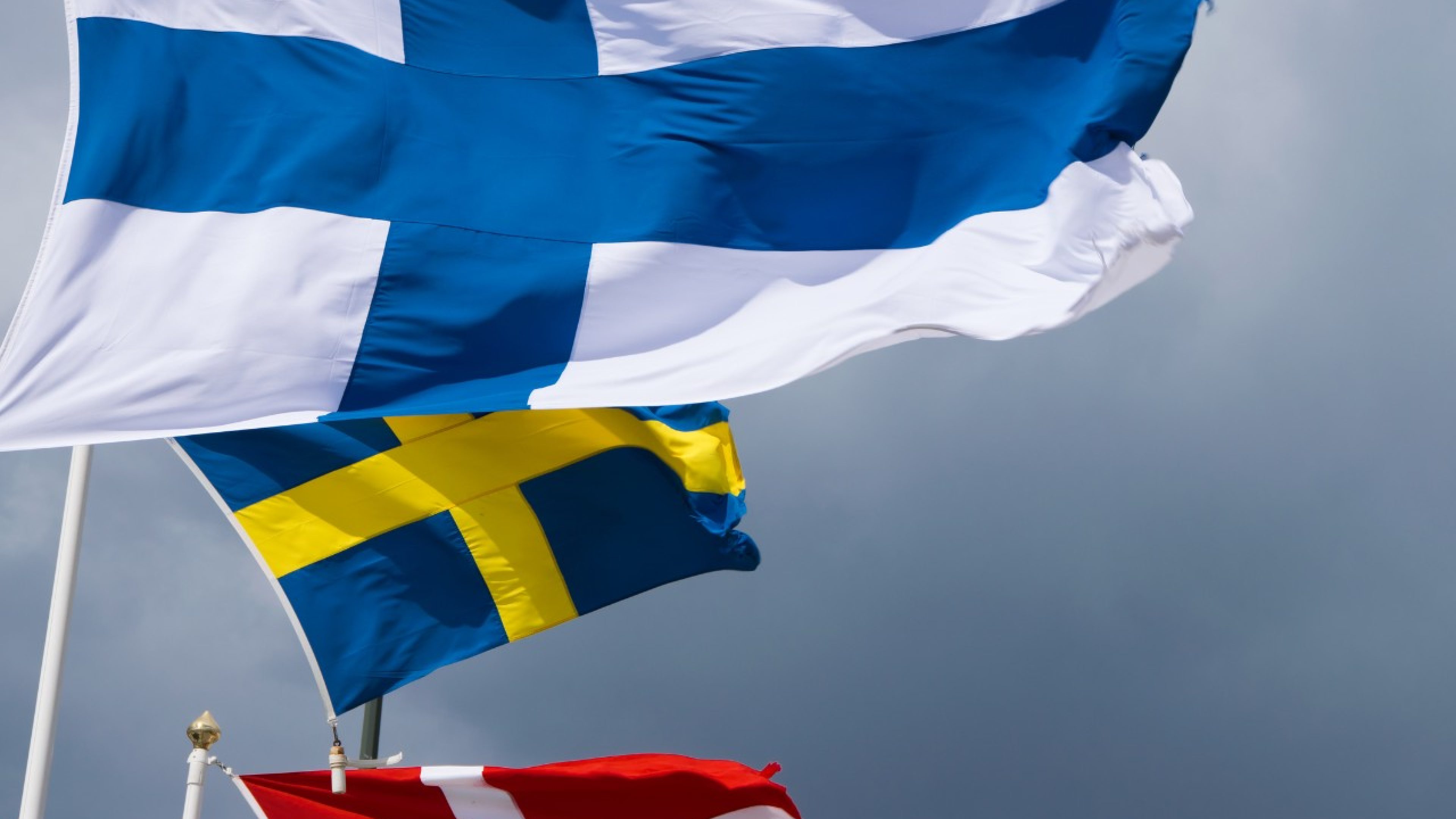 Finland, Sweden and Denmark flags. Malmö, Sweden