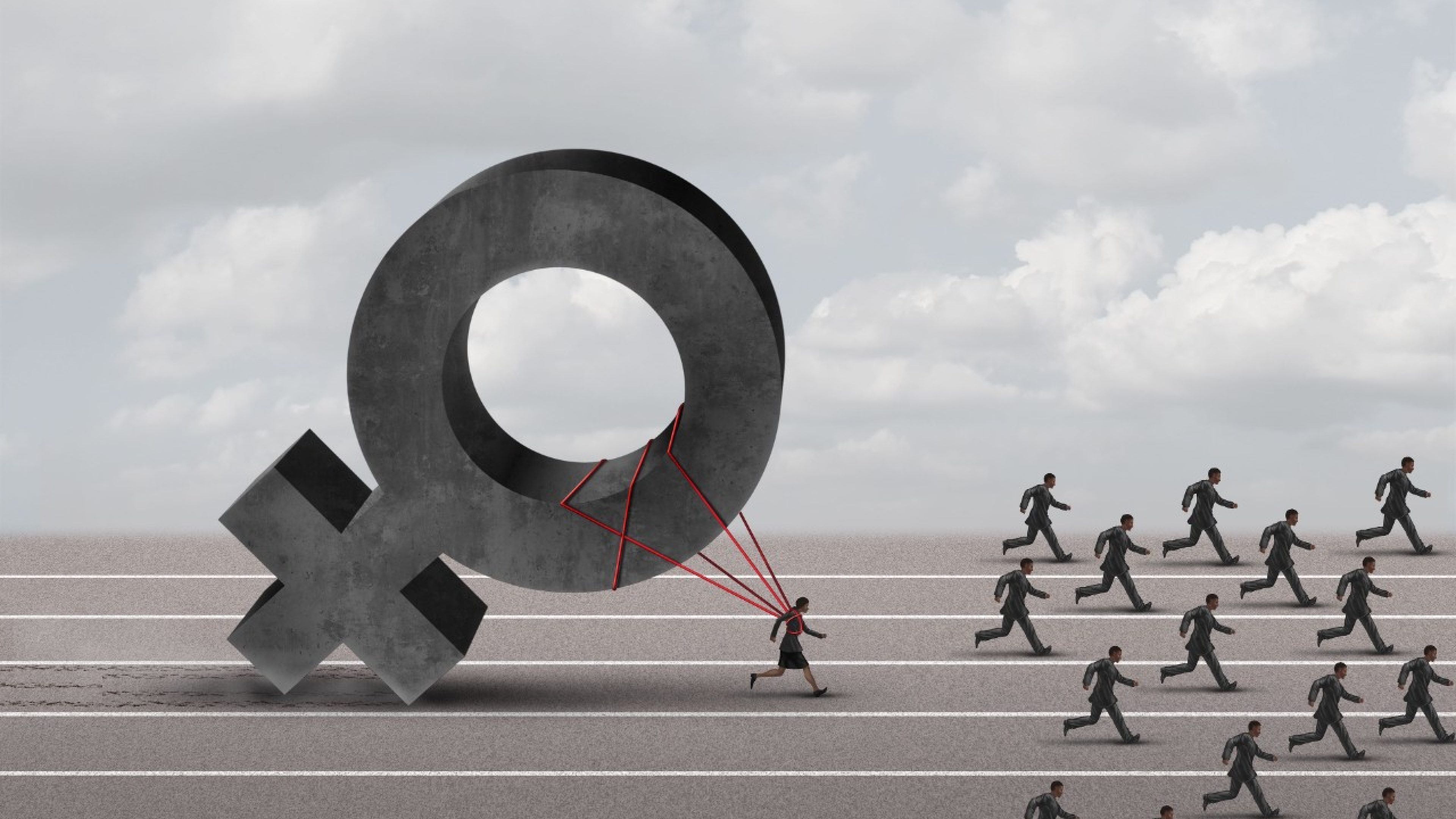 Sexism descrimination concept as a struggling woman with the burden of pulling a heavy female 3D illustration symbol falling behind a group of running businessmen or men as an unfair gender bias icon.